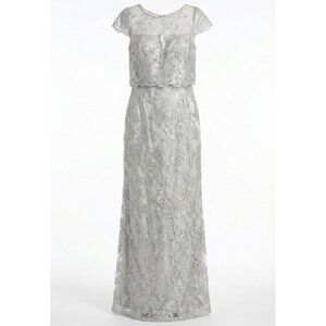 Adrianna Papell Metallic Silver Lace Popover Gown - Size 14